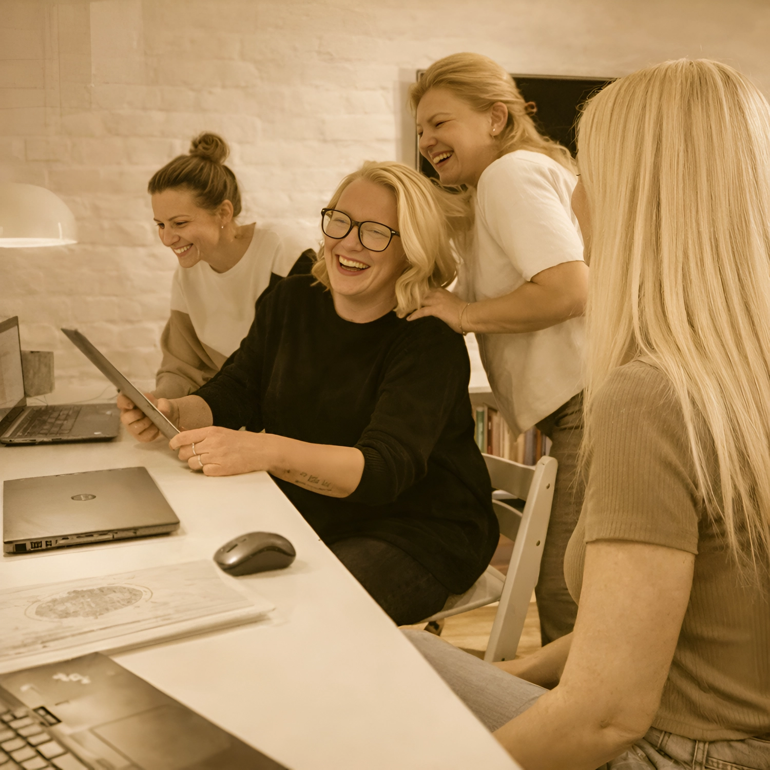 FO(U)R US – Consulting – Dieses Bild zeigt drei Frauen, die in einem modernen, hellen Arbeitsraum zusammenarbeiten.